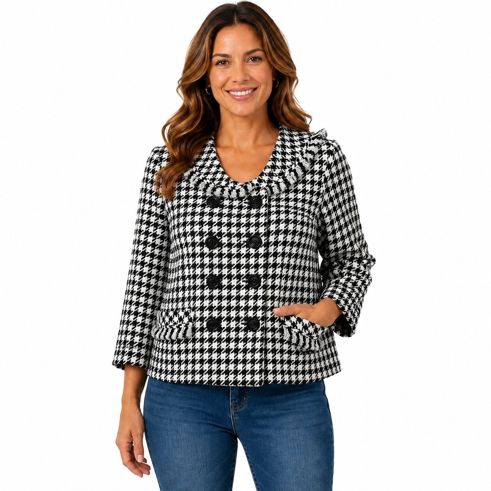 Midnight Velvet Houndstooth Blazer Womens 20W Black White Fringed Trim Cropped